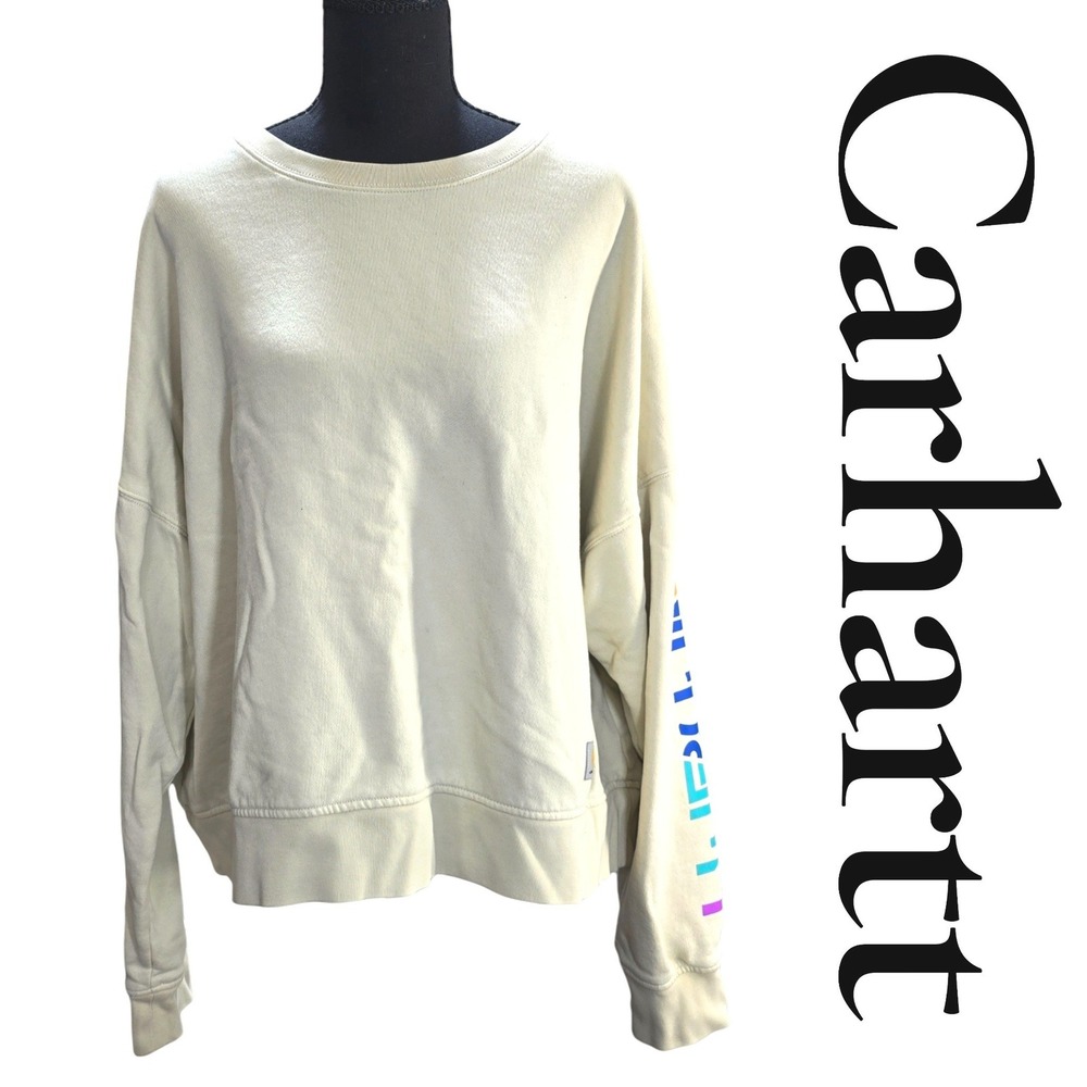 Carhartt Sweatshirt Womens XL Cream Cotton Tencel Loose Fit Sleeve Logo TS6890-W